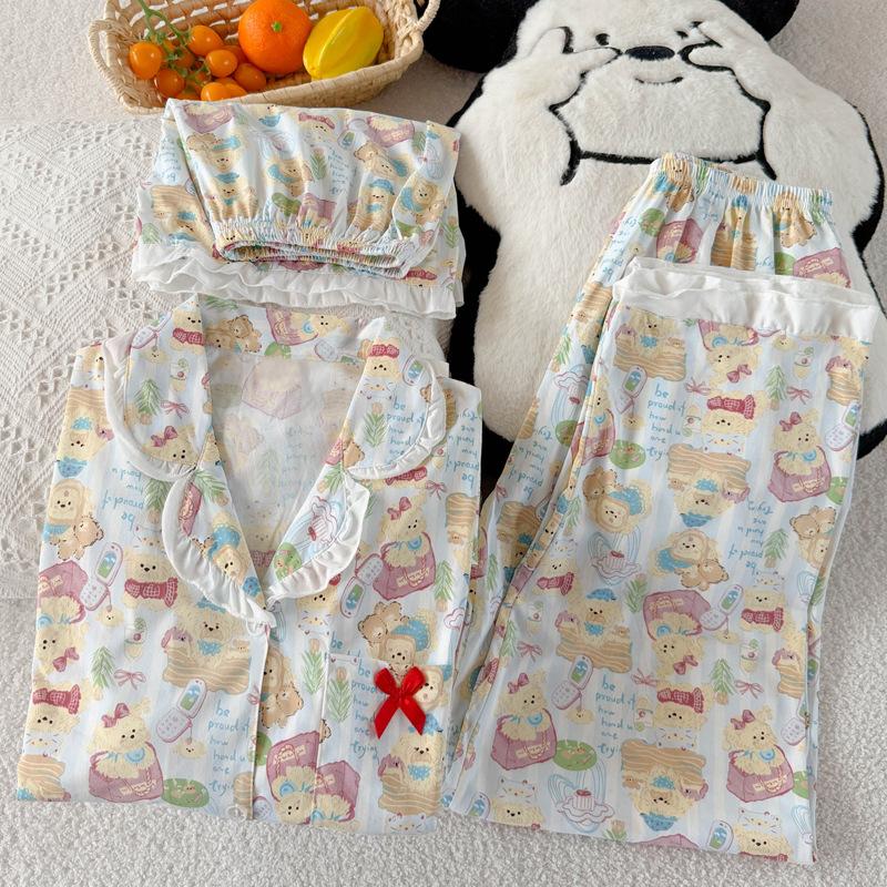 Мультяшный щенок милый повседневный имитация хлопка кант женский летний комплект из трех предметов с коротким рукавом