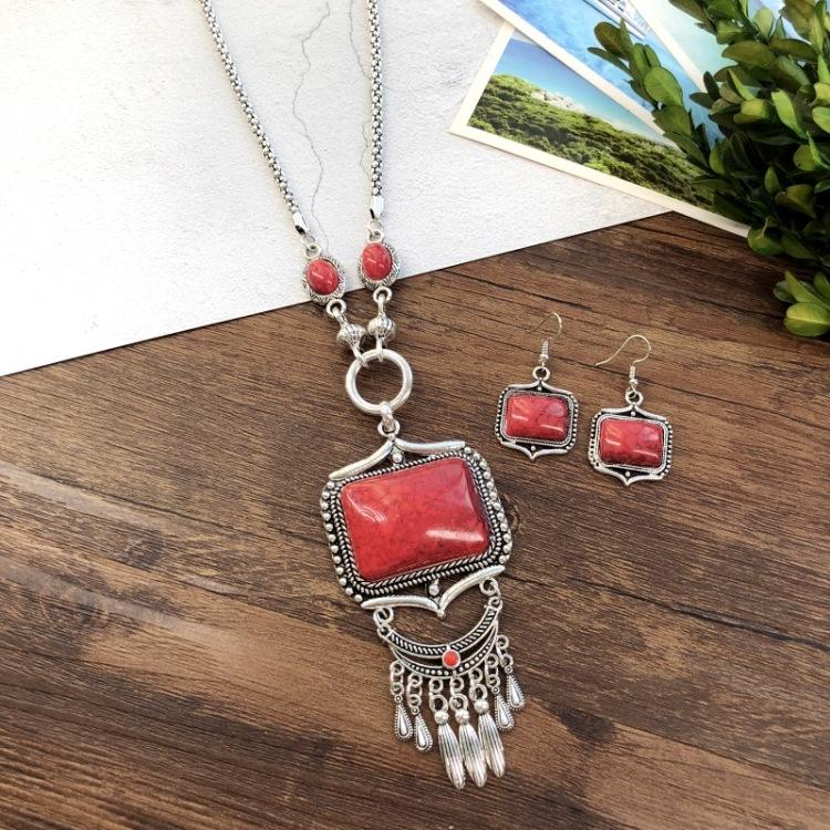 Винтажные национальные ожерелья с бирюзой, богемный универсальный темперамент, преувеличенный редкий бирюзовый кулон, комплект серег