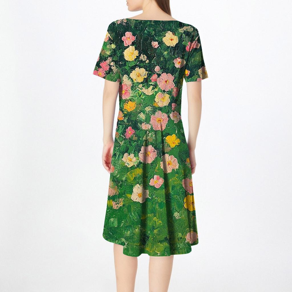 Женское свободное повседневное и модное платье с круглым вырезом и короткими рукавами, средней длины с принтом