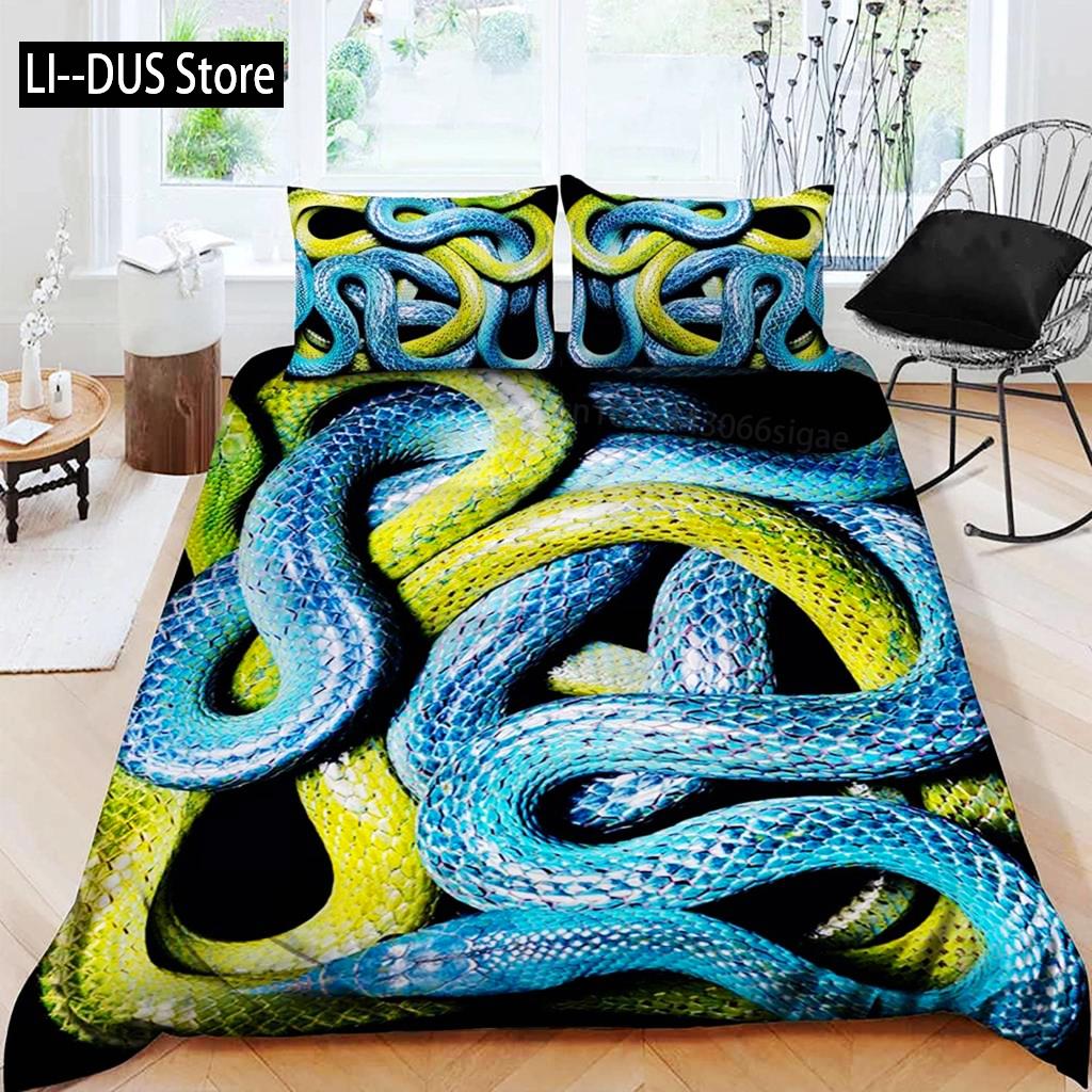 Комплект постельного белья со змеиным рисунком, комплект постельного белья с зеленым рисунком из микрофибры, постельное белье с изображением животных для мальчиков и мужчин, двуспальное одеяло размера «king-size»