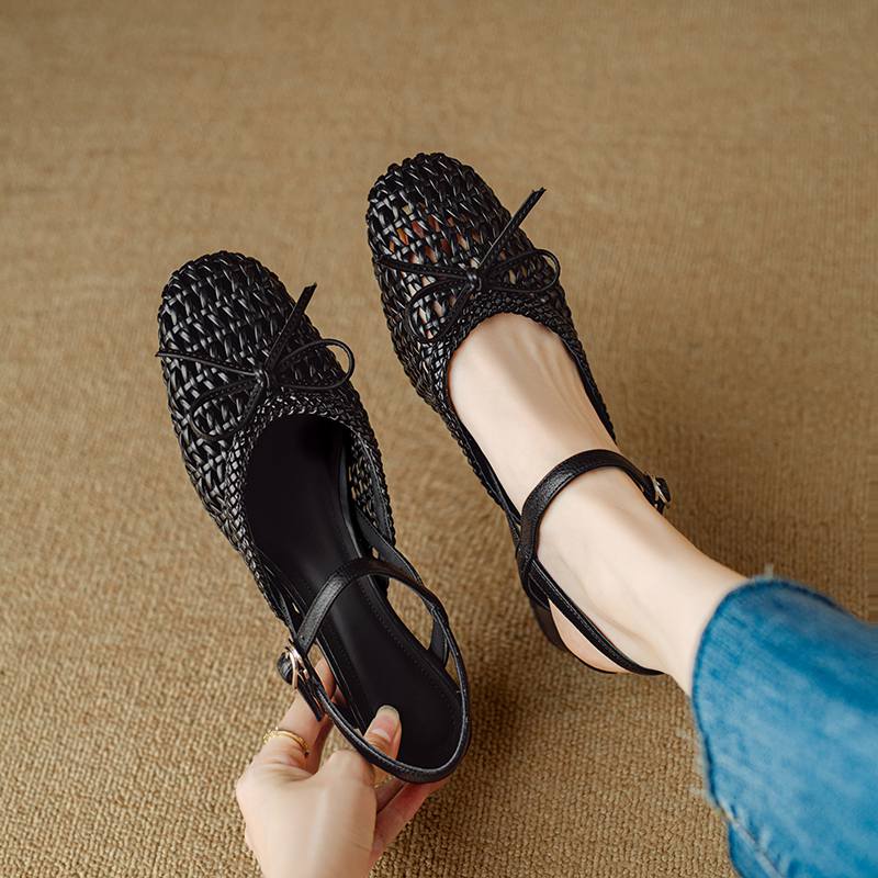 Krazing Pot Микрофибра Плетение Летний Размер 41 Средний Каблук Слингбэк Вечерние Туфли Женские Квадратный Носок Бант Гладиаторские С Вырезами Лодочки