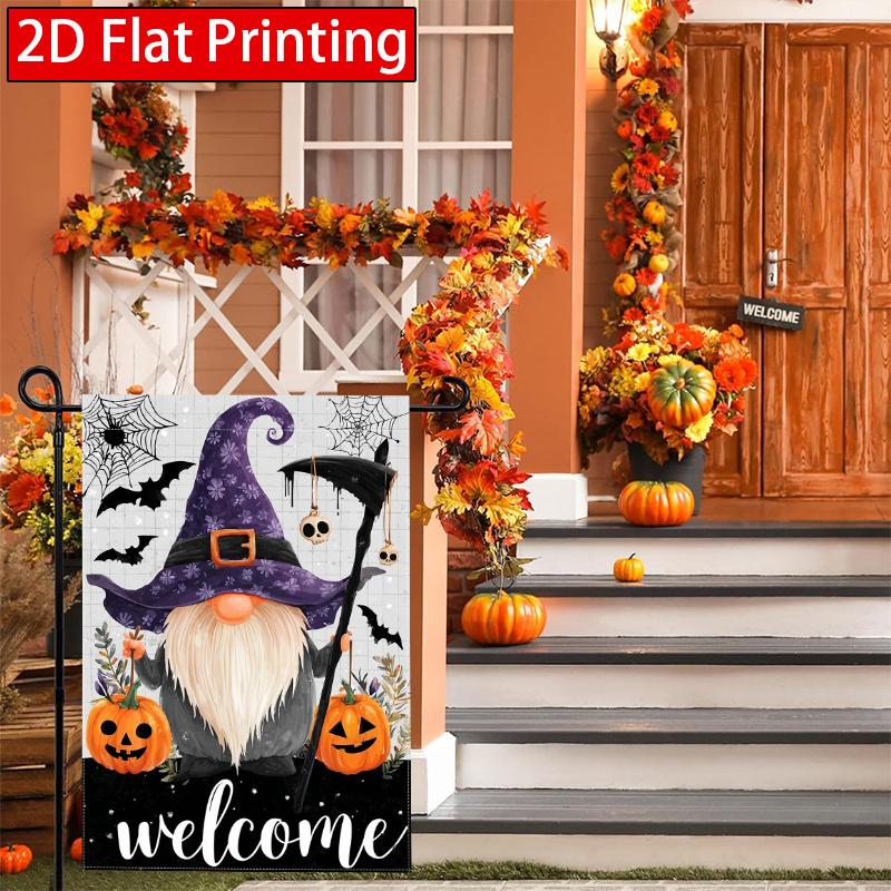 2D Flat - 2D Flat Welcome Halloween Gnome Decoration Garden Flag - Quirky Jack O'Lantern Pumpkin Skull Spider Web Bat Garden Flag, 3-28X40 Inch Outdoo