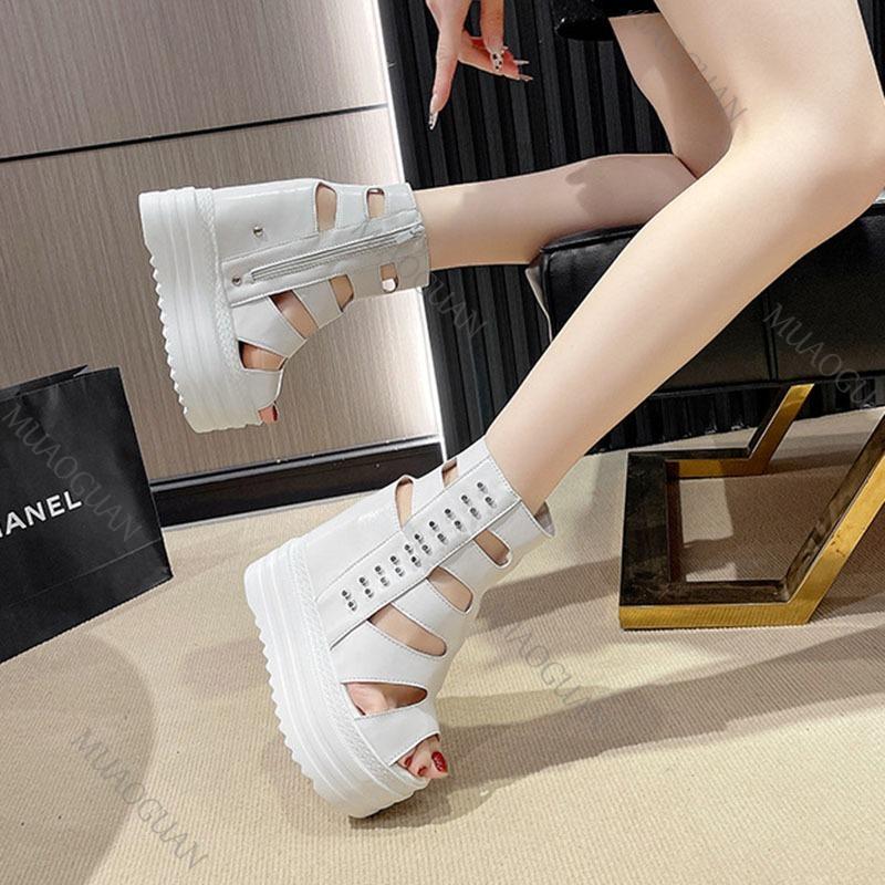 Fashion Fashion Women's Roman Sandals Summer Ultra High Heel Wedge Platform Shoes Side Zip Open Toes Solid Color Sexy Sandalias De Mujer