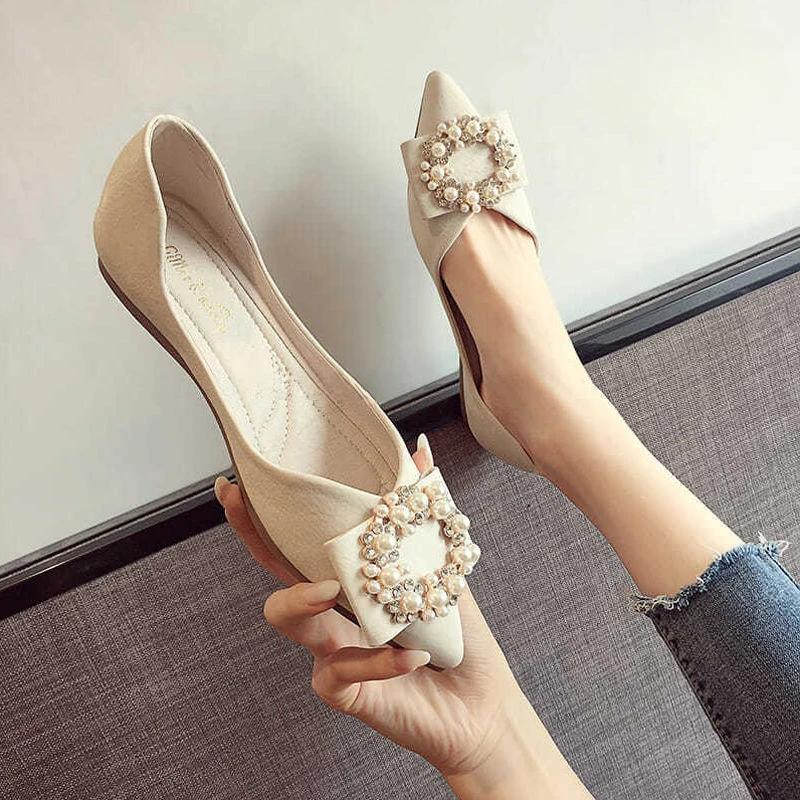 Shoes for Women Pearl Non Slip Pointed Toe Woman Flats On Offer Young Spring Luxury Brand Genuine Mark Wholesale Chic Point