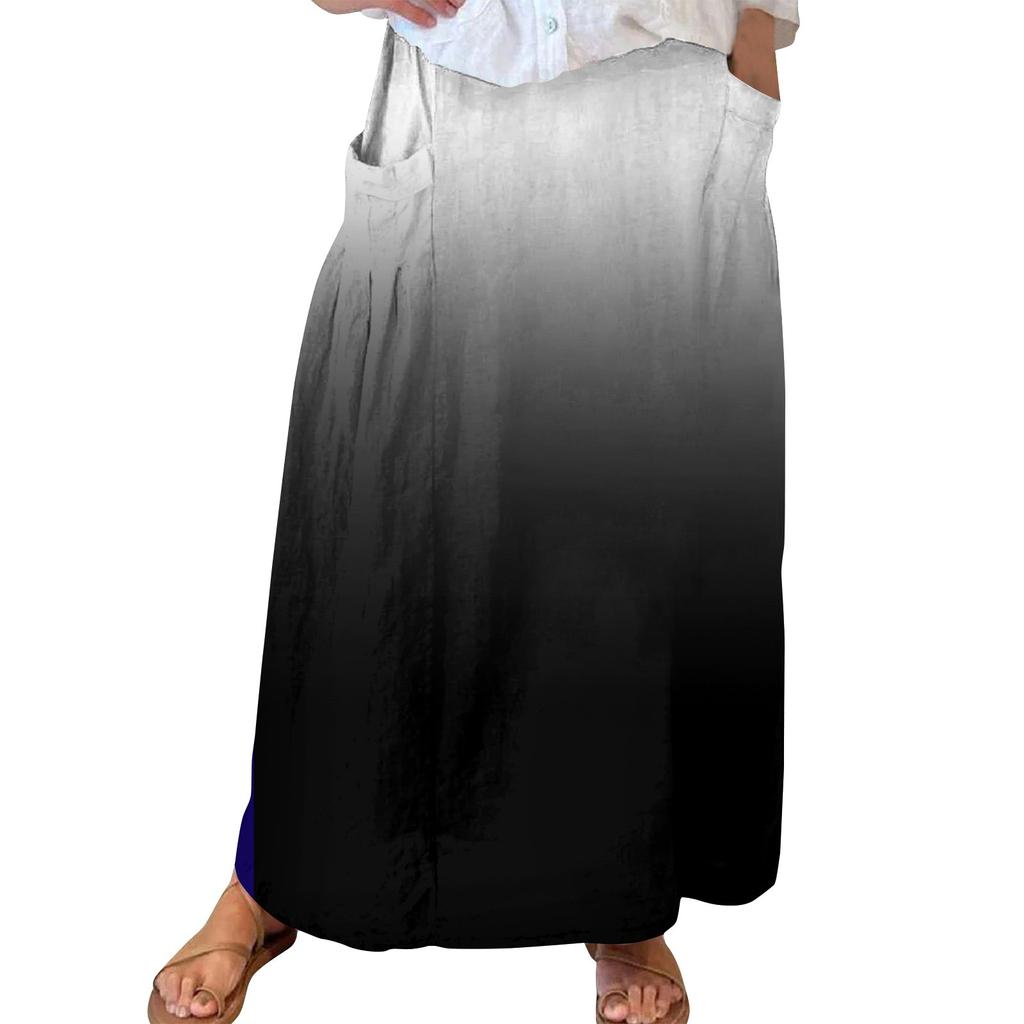 Women Casual Loose Boho Elastic Waist A-Line Beach Flowy Swing Vacation Maxi Skirt With Pocket