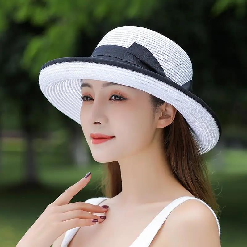 Летняя пляжная соломенная шляпа, женская пляжная шляпа с бантом, большой солнцезащитный козырек, крутая шляпа с керлингом