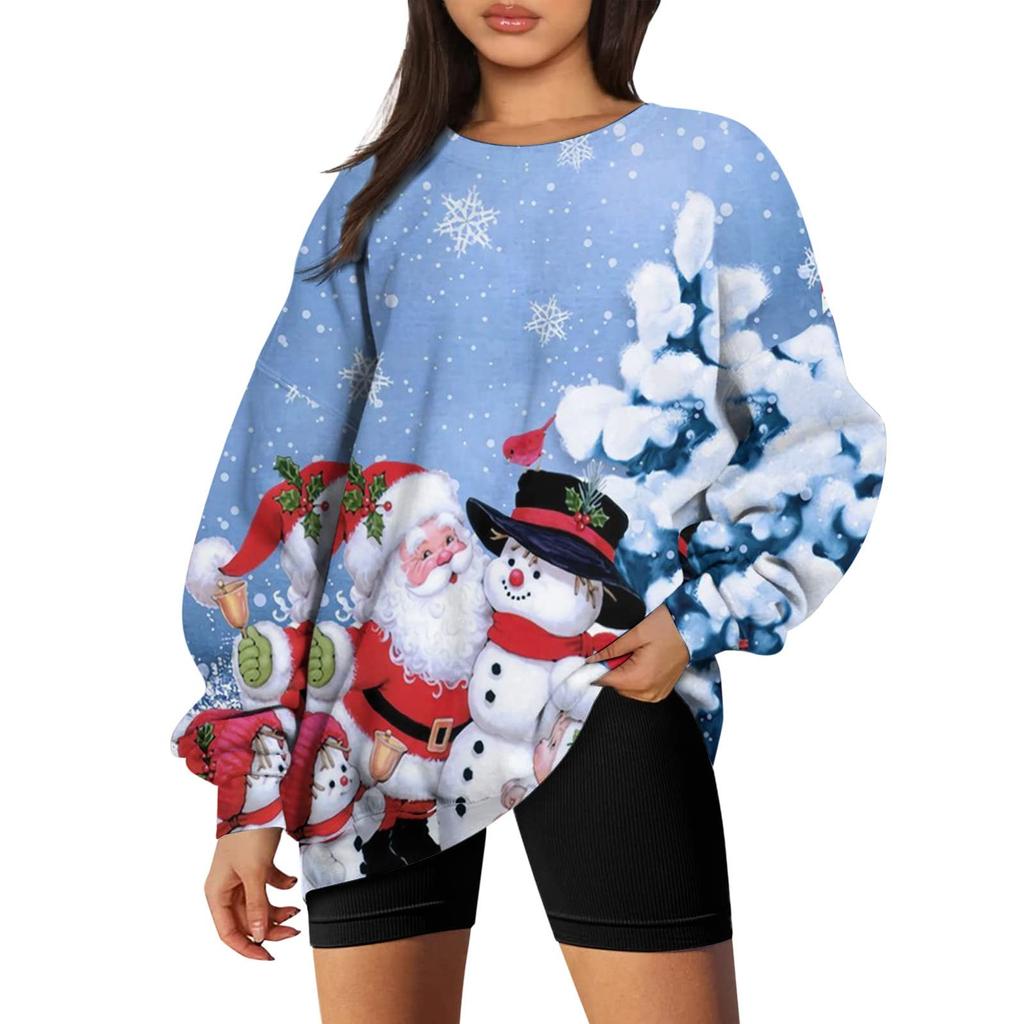 Женский повседневный модный рождественский принт с длинным рукавом и круглым вырезом, пуловер, топ