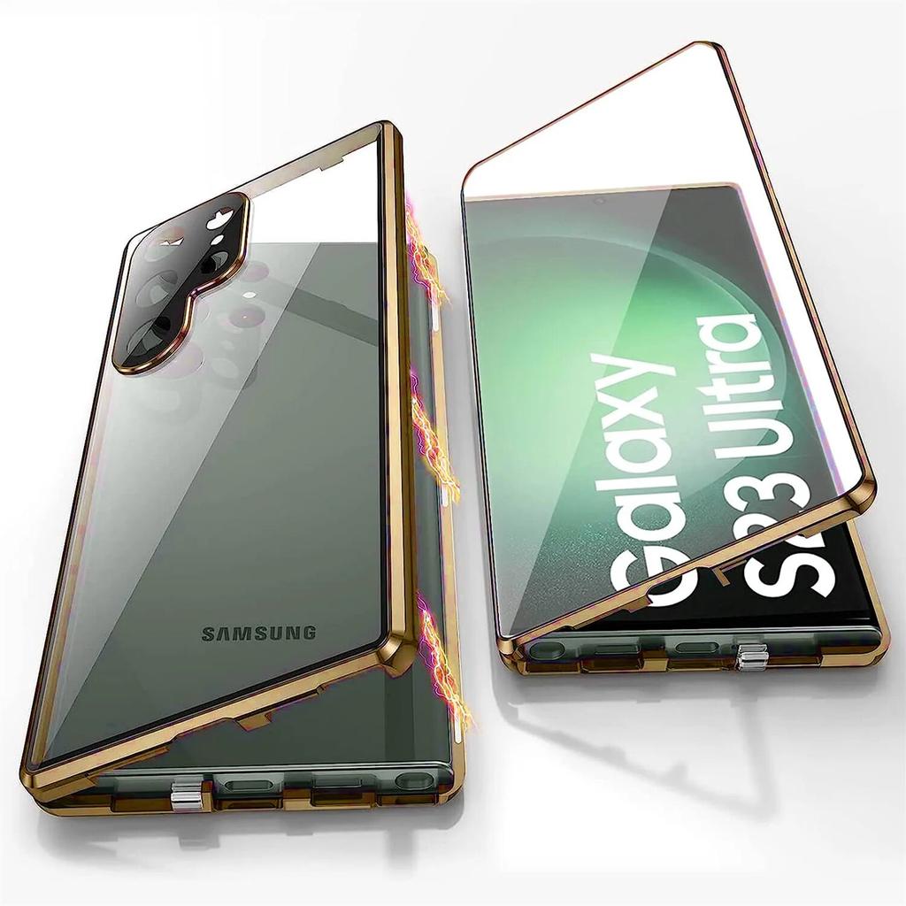 Для Samsung Galaxy S24 S21 S22 S23 Ultra Чехол Металлический Магнитный Полный объемный звук на 360° с экраном Защитная крышка для камеры из закаленного стекла