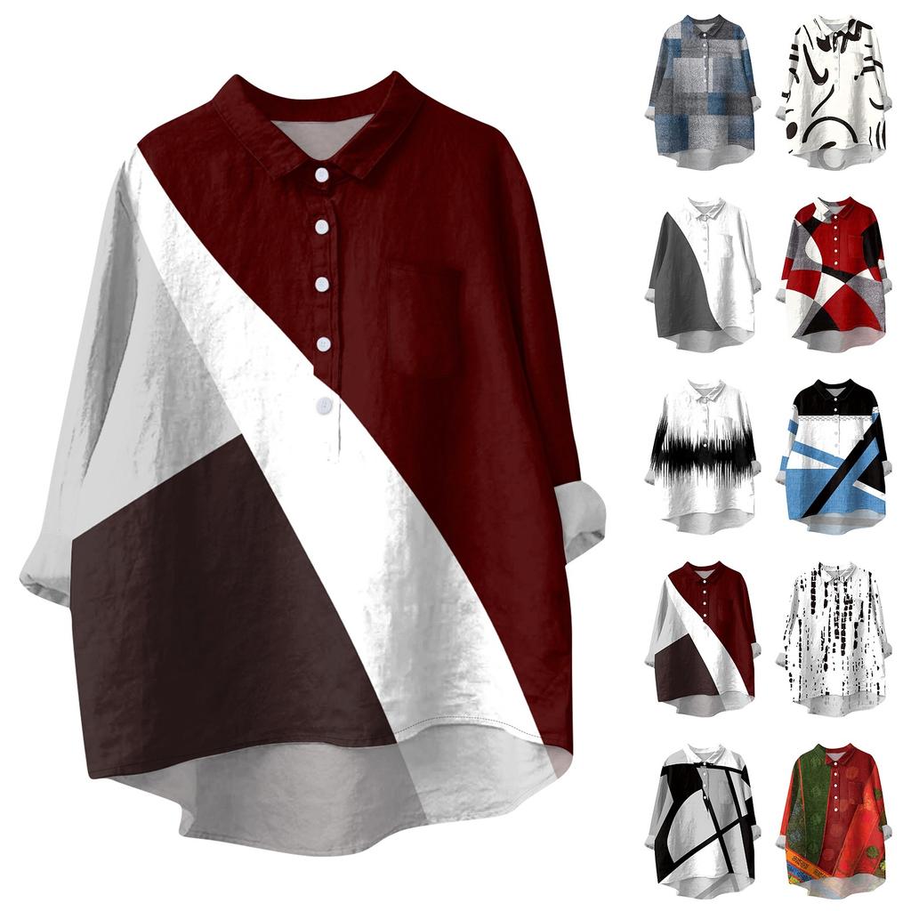 Женская рубашка-блузка с длинными рукавами и принтом на пуговицах, повседневный подол, нестандартный воротник рубашки