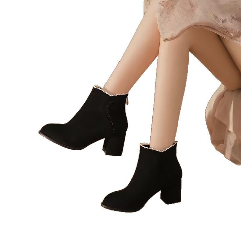 Autumn and winter new French temperament thick heel versatile Martin boots women's high-end velvet warm short boots