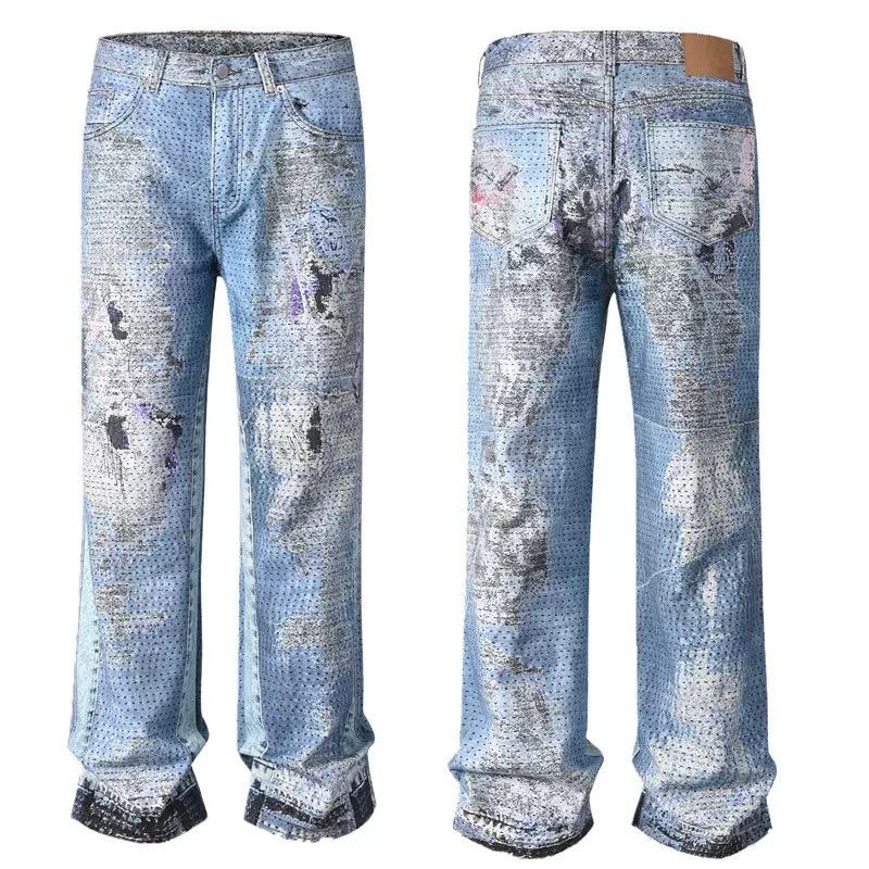 High Street прямые потертые грязные рваные синие джинсы брюки для мужчин винтажные повседневные свободные джинсовые брюки потертые лоскутные брюки-карго