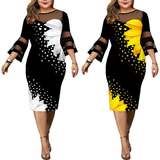 Женские нижние юбки больших размеров, женское платье с цифровым принтом, сетчатое лоскутное элегантное облегающее платье до середины икры с расклешенными рукавами для свадьбы