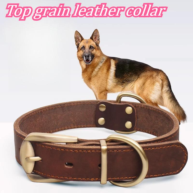 Dog cowhide collar Dog neck collar Retro copper hook head Medium and large dog pet products Durable and breathable