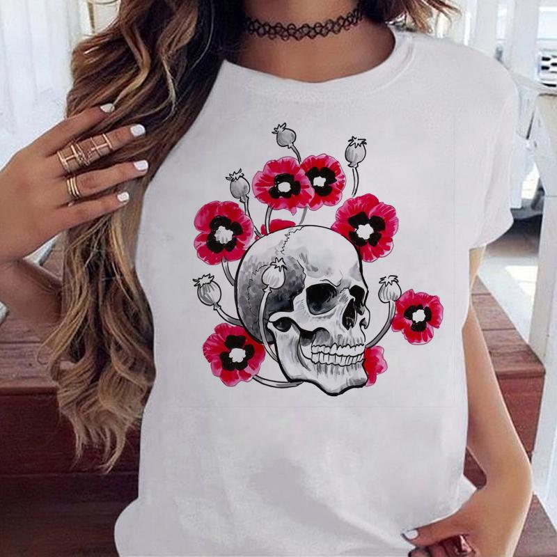 Maycaur Fashion Skull Flower Print Женская футболка Летняя повседневная женская футболка с коротким рукавом и круглым вырезом в стиле 90-х годов, женская футболка, топы