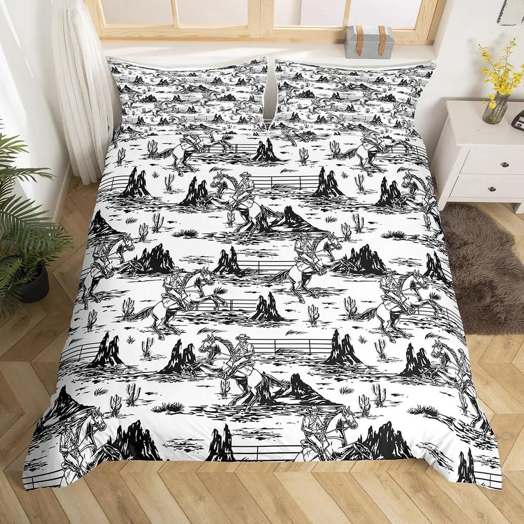 Western Cowboy Duvet Cover Set Twin Size,Horseshoe Stars Cowboy Hat Pattern Comforter Cover Rustic Vintage Southwest Bedding Set