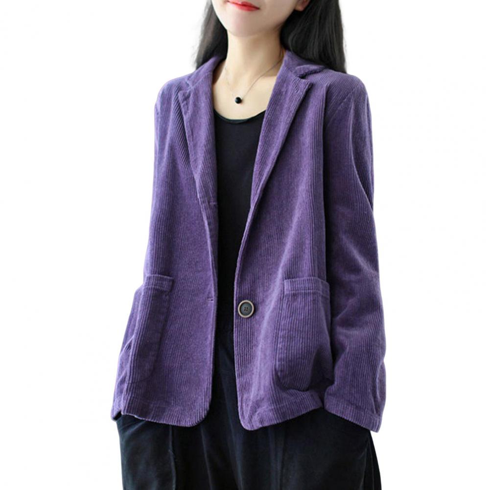Corduroy Suit Coat Women Autumn Retro Loose Fit Single-Breasted Suit Jacket Lapel Long Sleeve Solid Color Business Coat with Poc