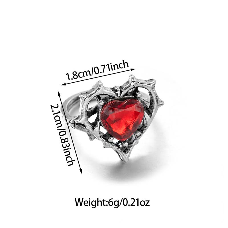 Punk Red Crystal Heart Rings for Women Vintage Metal Geometric Hollow Love Personality Finger Rings Y2K Jewelry Wholesale