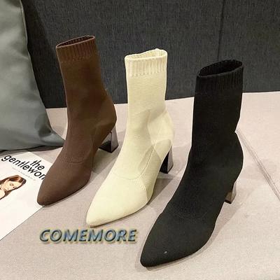 2025 Новые осенне-зимние толстые универсальные тонкие сапоги на высоком каблуке, женские заостренные носки средней длины, эластичные носки, женские модные сапоги