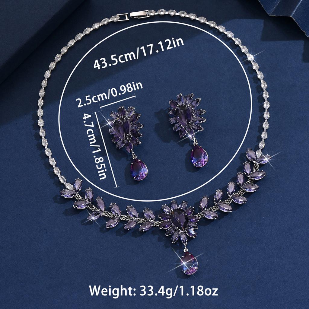 3PC Women's Fashion Zircon Series Flower Water Drop Necklace Earrings Zircon Set Party Festival Gift
