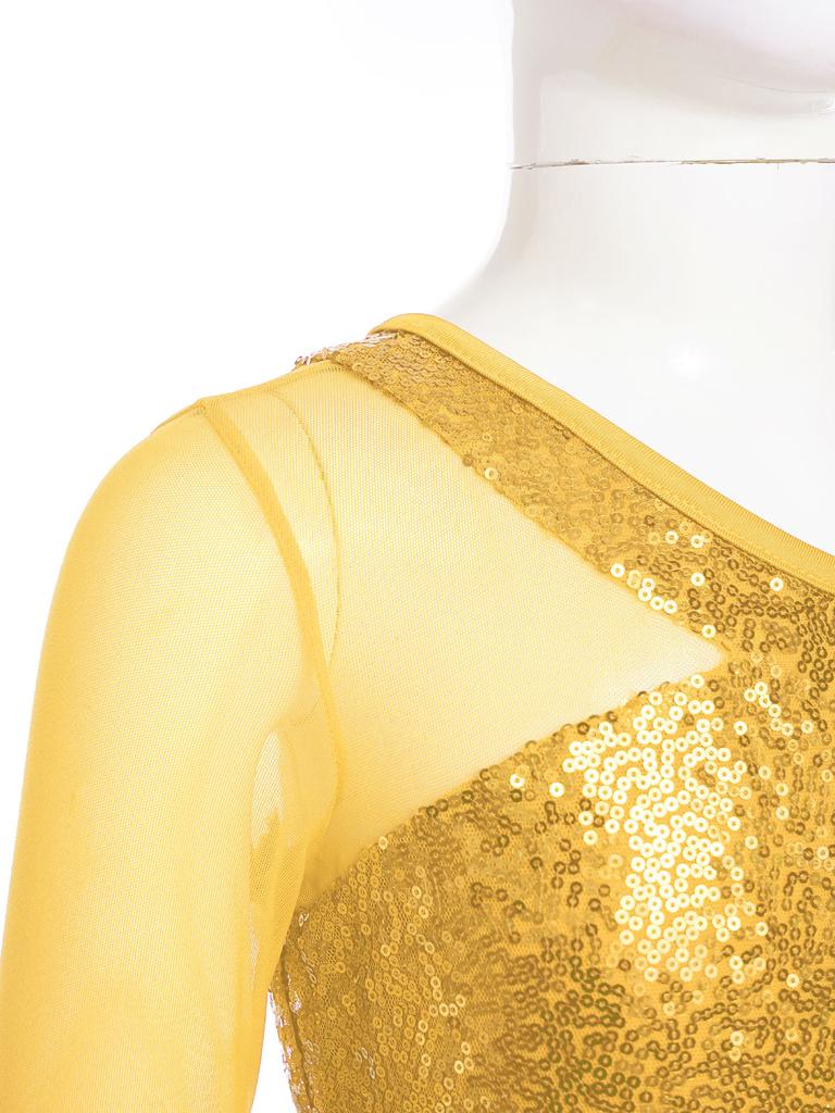 Kids Performance Costume Sequins Adorned One Shoulder Top with Wide Leg Shorts