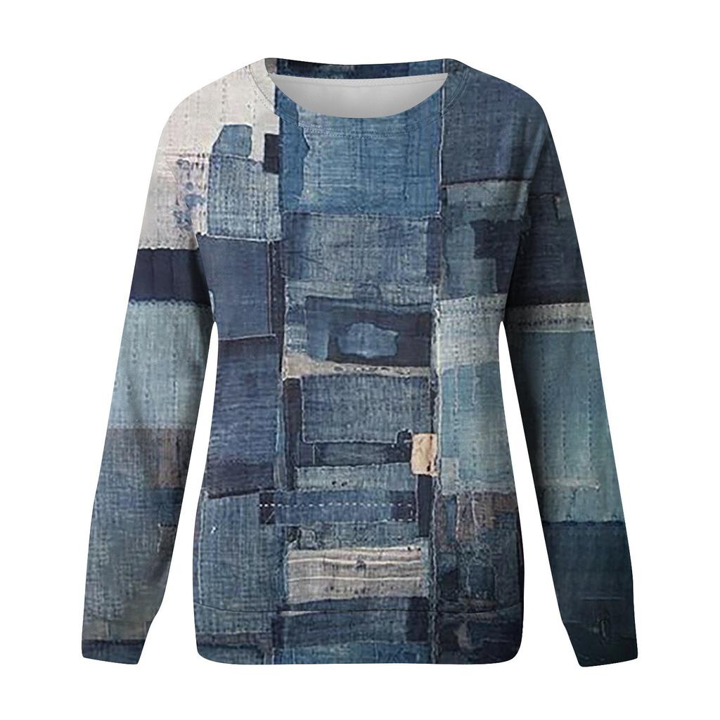 Женские топы с круглым вырезом, хлопковая женская повседневная модная блузка с длинным рукавом и круглым вырезом с цветочным принтом, пуловер