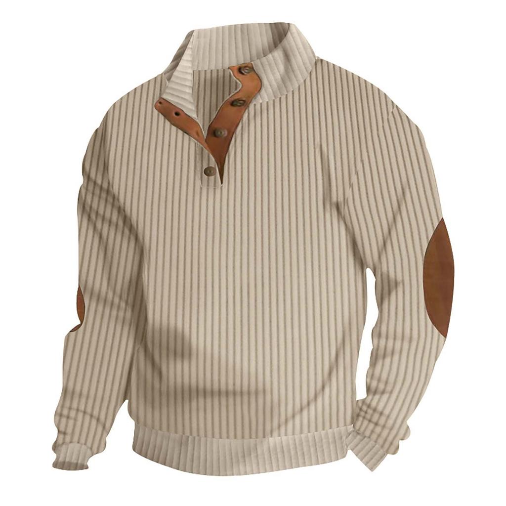 Men's Quilted Sweatshirt Casual Corduroy Quarter Button Up Pullover Long Sleeve Stand Collar