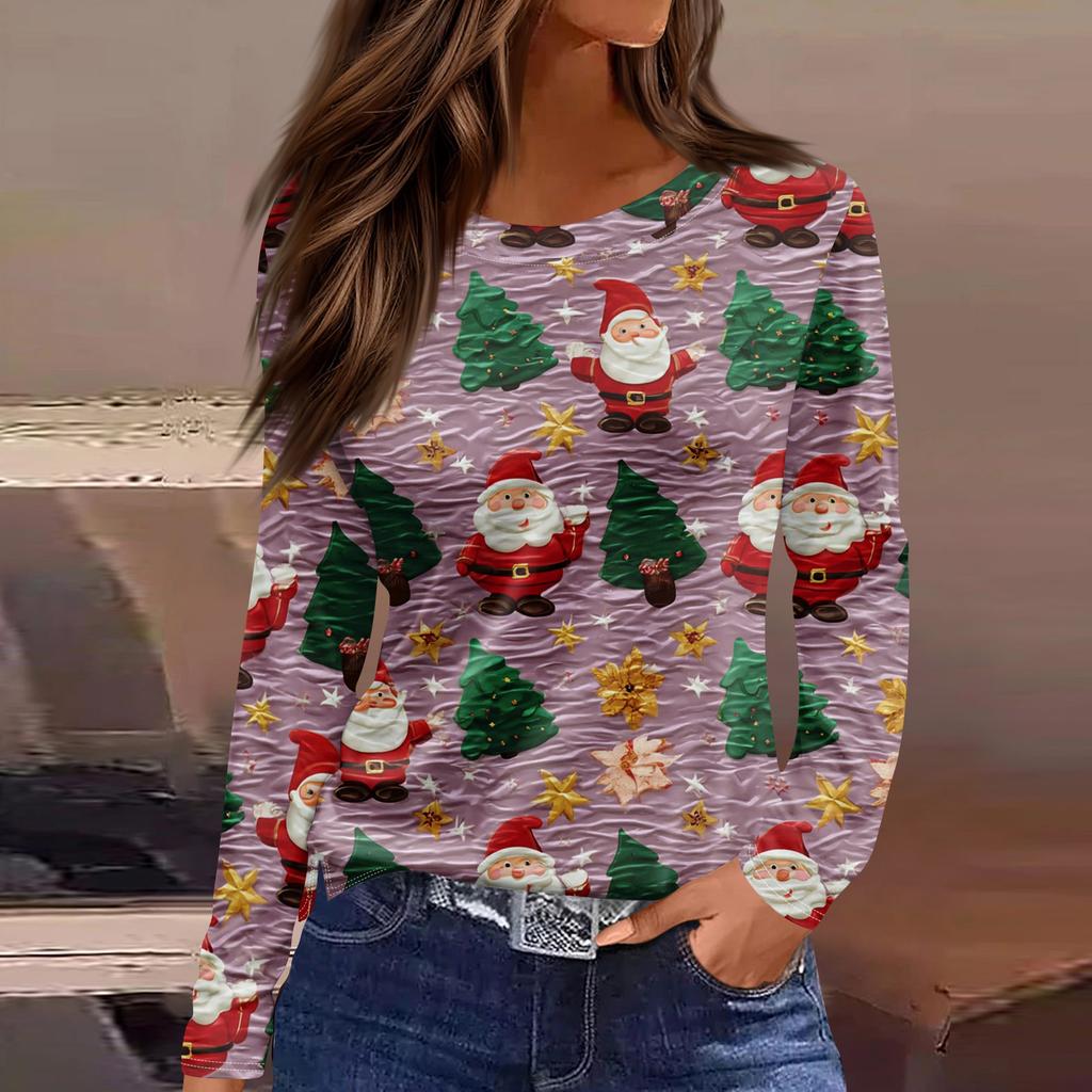 Women's Fashion Hem Slit Casual Christmas Printed Round Neck Long Sleeve Top