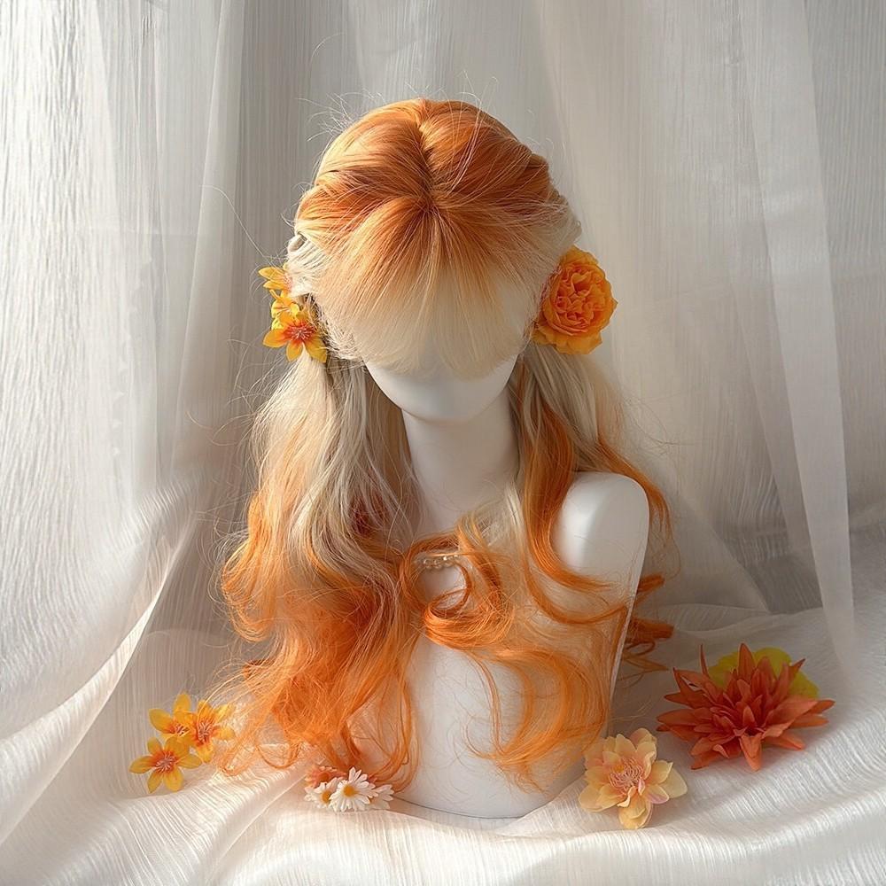 Autumn Sunset Wig, White to Orange Gradient Long Curly Wig,Wave Full Wig, Lolita Cosplay Costume Wig, Heat Resistant Synthetic Hair Wig for Women