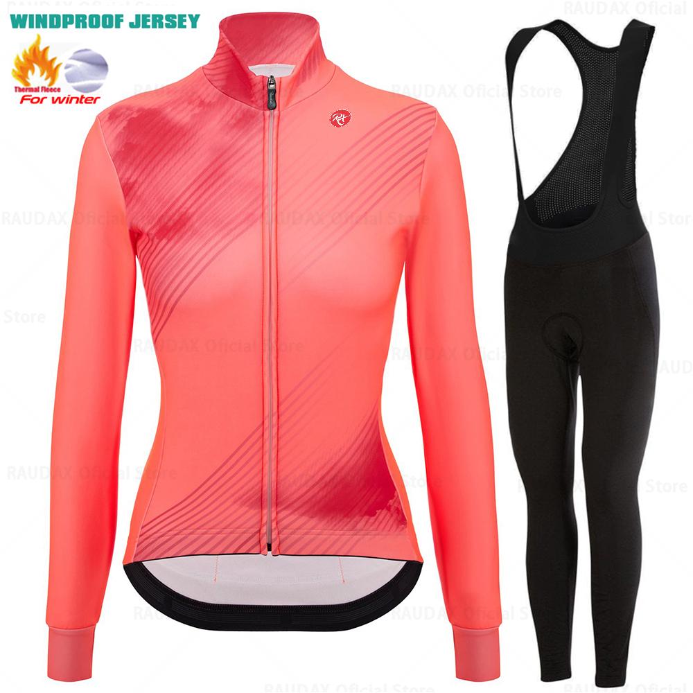 2025 Raudax Women Long Sleeve Jersey Pure Dye Coral Winter Cycling Clothing Outdoor Riding MTB Ropa Ciclismo Velveteen Bike Set