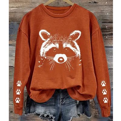 2025 Осень и Зима Женский Новый Повседневный Топ с Круглым Вырезом и Длинным Рукавом с 3D-рисунком Енота