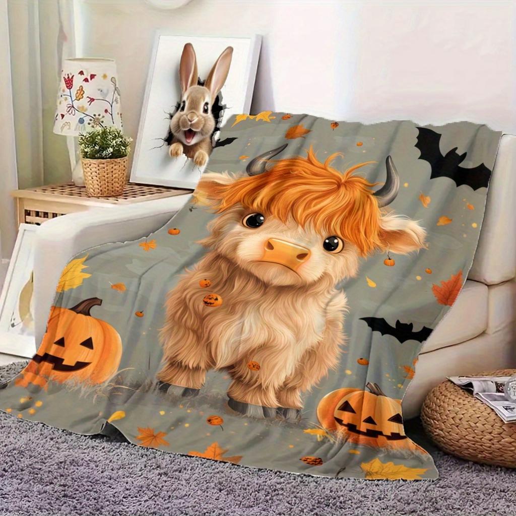 Halloween Highland Cow and Pumpkin Pattern Blanket, Soft Polyester Fleece Throw, All-Season Chunky Knit, Sofa, Bedroom, Living R