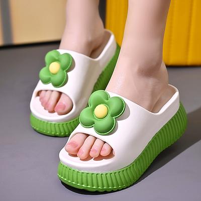 2024 Зеленые цветочные тапочки на высокой платформе женские летние туфли без запаха для студентов колледжей, увеличенные тапочки-мюли