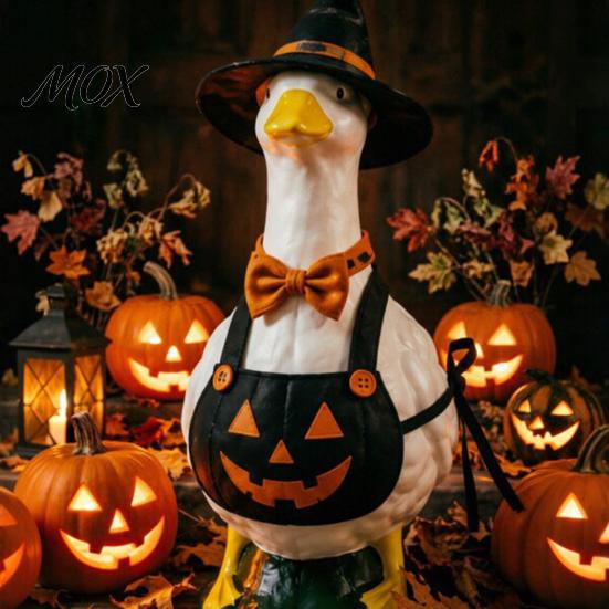 Whimsical Outdoor Decoration Halloween Mini Desk Goose Statue, Cute Small Figurine with Yard Art Pumpkin Apron And Wizard Hat for Home Office