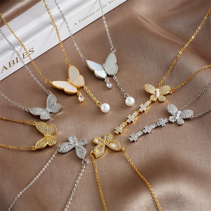 High Grade Butterfly Zircon Tassel Pendant Necklace Stainless Steel Fashion Geometric Choker Jewelry Party Gifts For Women Girls
