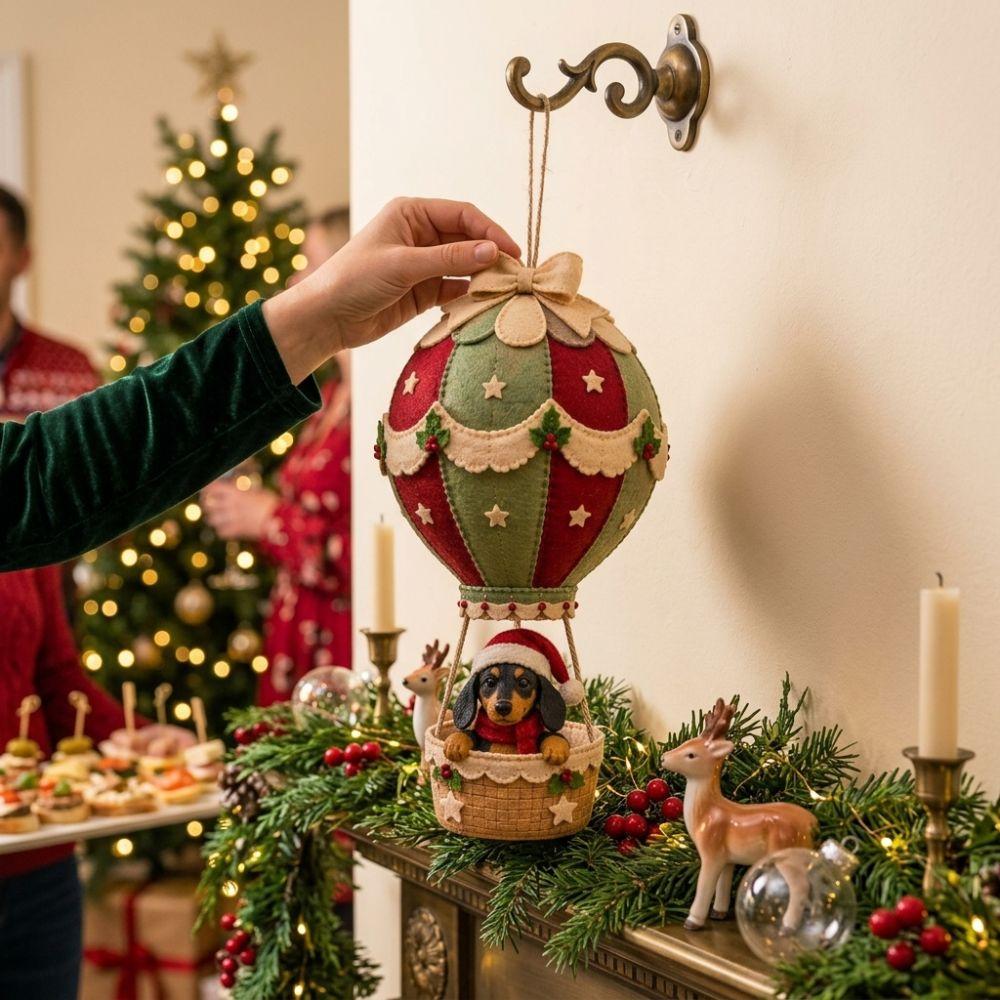 Vintage Christmas Hot Air Balloon Kit with Bell Bow Snowman Santa Balloon Hanging Decor Handmade Hand-Sewn Xmas Tree Pendant Kit