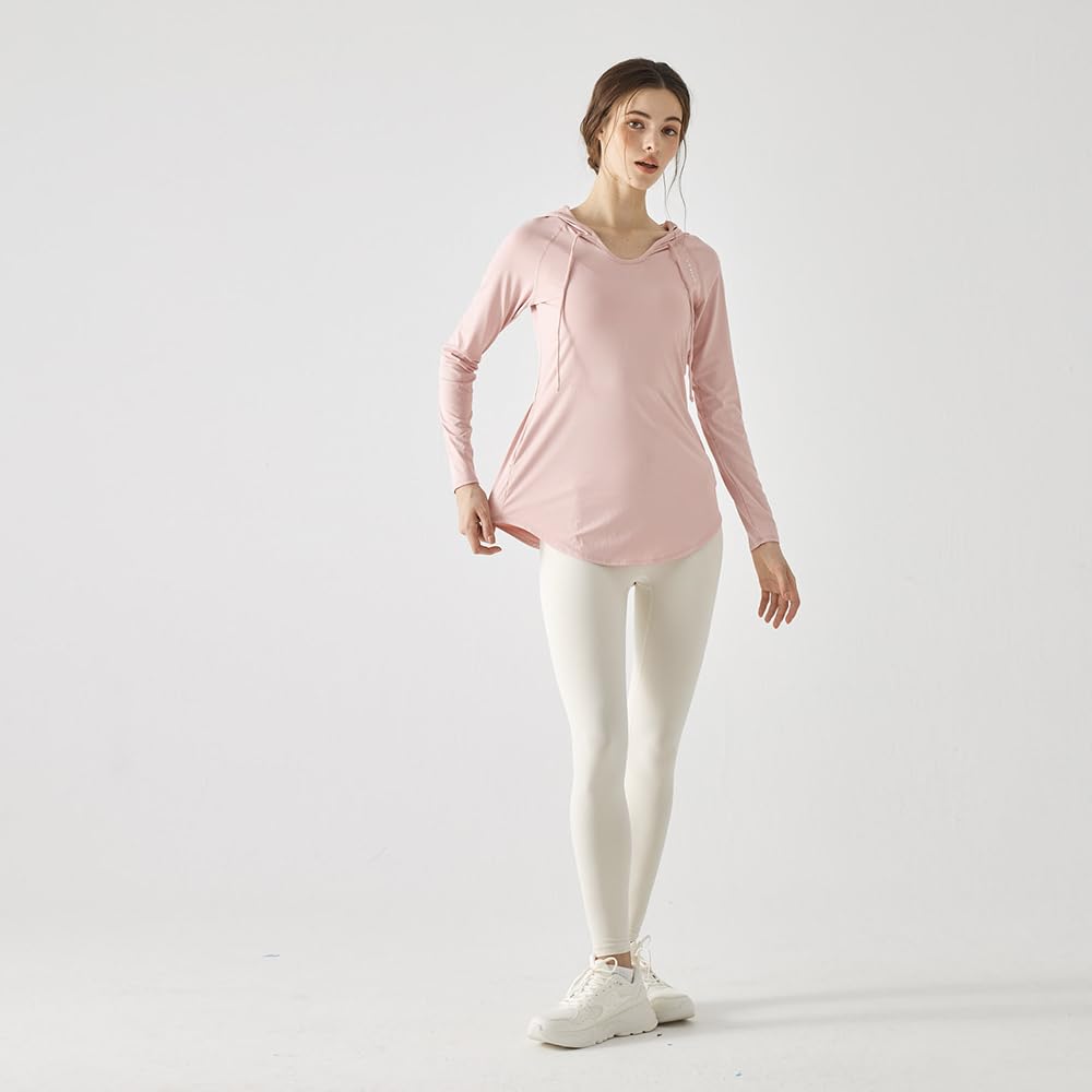 Yomoment Женская футболка с длинным рукавом и круглым вырезом с принтом Sun для жаркой погоды, розовая, с капюшоном, защита, V-образный вырез, подол, отводящая влагу, быстросохнущая, для йоги, бега, спортзала,