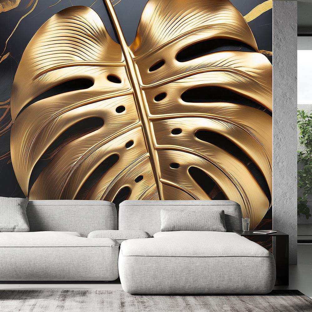 Wallpaper Monstera leaf gold shiny abstract