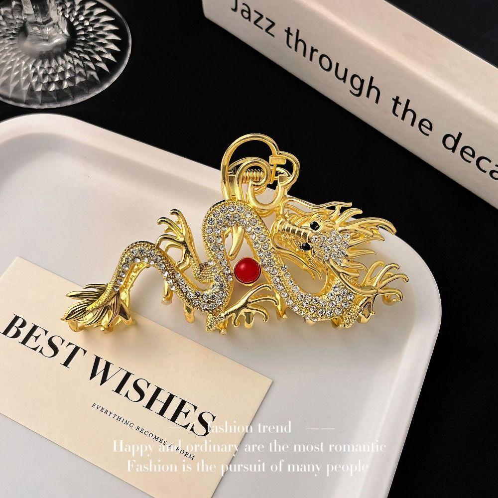 New Year Headwear Animal Hair Clip Red Rhinestone Shark Clip Zodiac Dragon Hair Claw  Daily