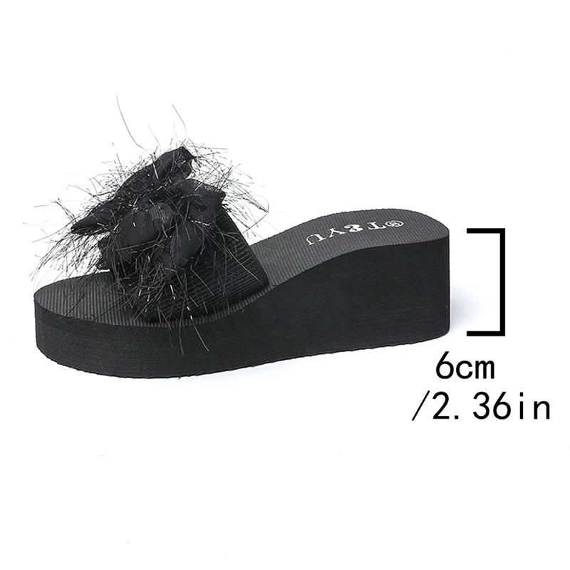Fashion Women's New Bow Knot Round Toe Slippers Fashion Thick Bottom Wedge Slides Female Vacation Beach Comfort Black Slippers Mujer