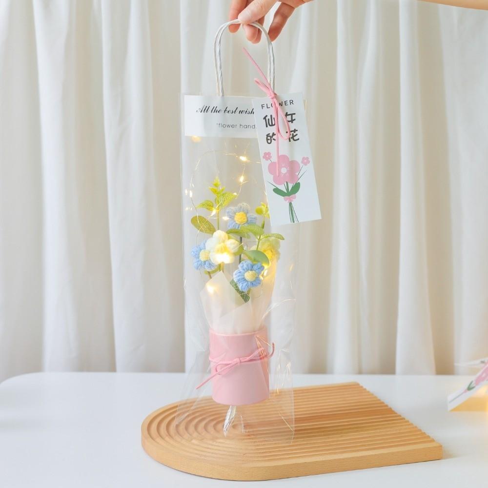 Exquisite Handmade Hand Knitted Flowers With Light String Bucket Bouquet  Home Decoration