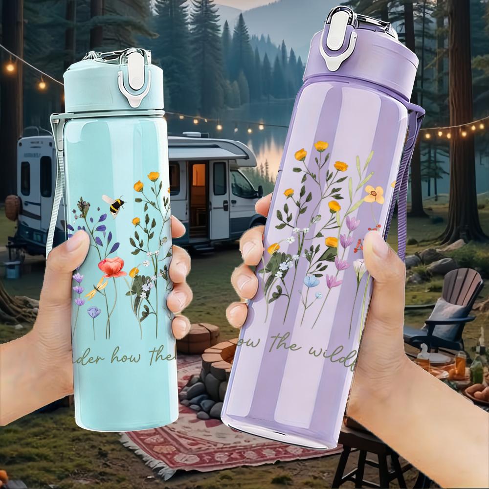 1PC Wildflower Inspirational Quote Graphic,750ml Color Plastic Sports Water Bottle,Leakproof Flip Straw Lid,Suitable for Sports Office Home Use