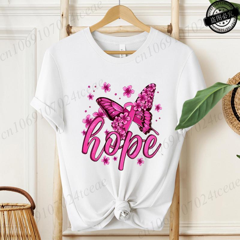 Hope Pink Ribbon Butterfly Breast Cancer Awareness Warrior Print Women's T-Shirt,Graphic Tee Tops,Casual Streetwear Fashion Tops