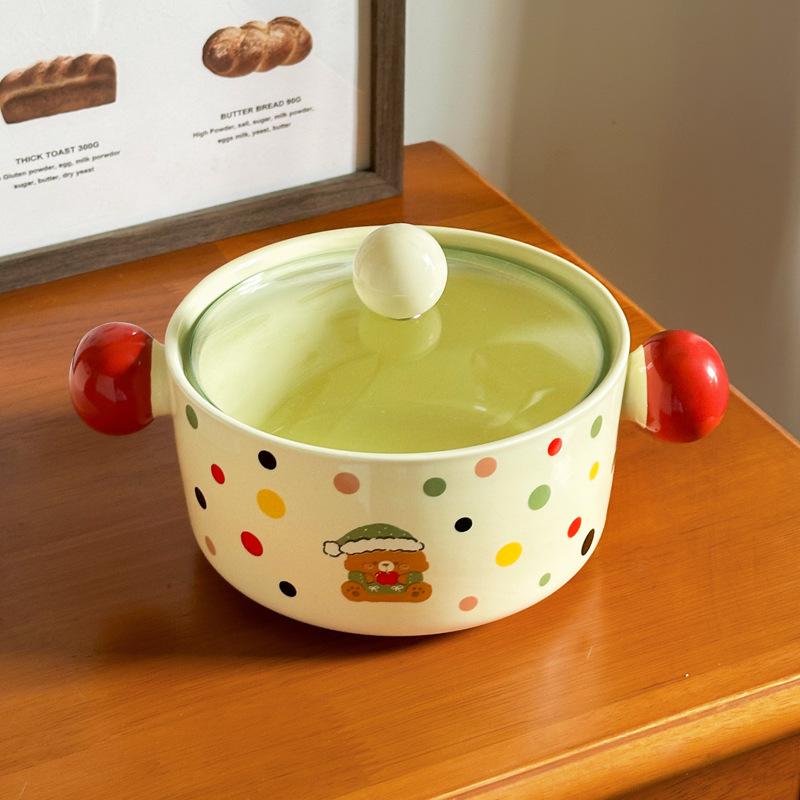 Ins мультяшная керамическая миска для лапши быстрого приготовления в горошек с крышкой, студенческое общежитие, миска для супа с улиткой, двуушная керамическая суповая миска, высококачественная посуда