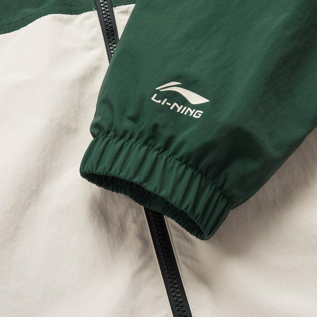Li-Ning Водоотталкивающая ветрозащитная удобная повседневная спортивная куртка с капюшоном и буквенной молнией Lettuce Edge, унисекс, темно-зеленая AFDU955-1