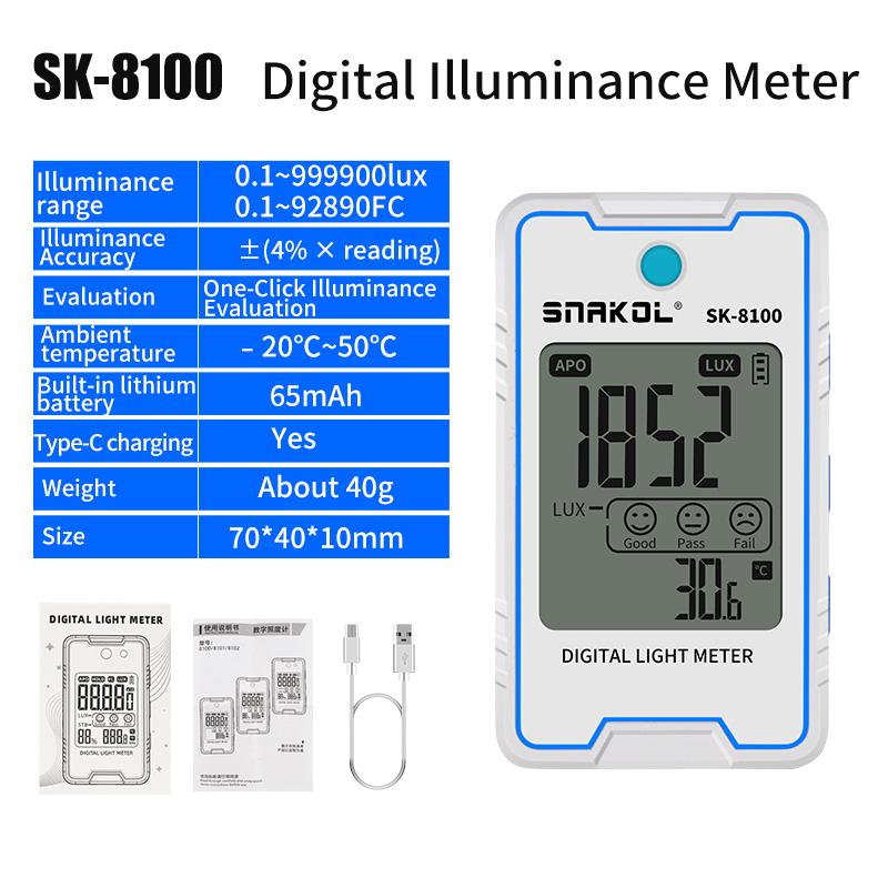 SNAKOL SK-8100/8101/8102 Mini Digital Lux Meter with Temperature and Humidity Monitoring Type-C Charging Portable Lux Meter