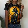 Женская футболка с рисунком «Луна и Звезды Загадочный Кот» Повседневная Модная Удобная Черная С коротким рукавом