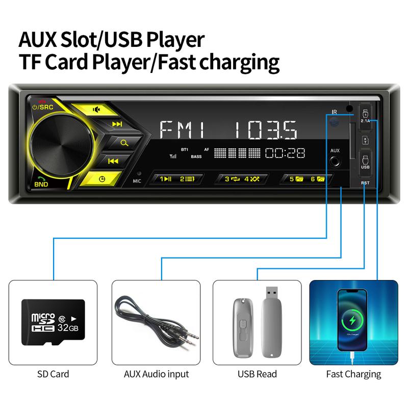 1DIN автомобильный радиоприемник MP3 мультимедийный плеер Bluetooth AUX TF карта USB поддержка зарядки телефона FM радио аудио эквалайзер стерео универсальное аудио