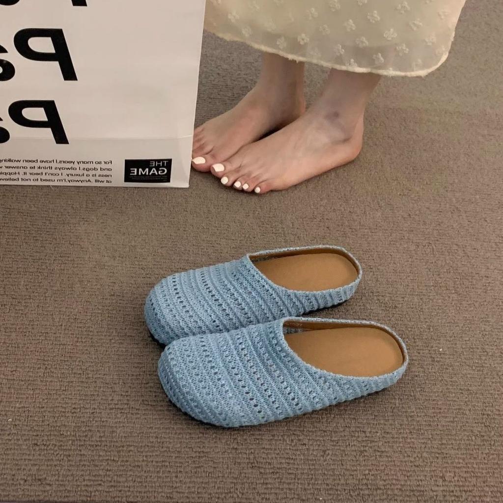 Woven Bag Head Wearing Half Slippers Women's Summer Beach One Pedal Bag Head Half Drag Women's Boken Platform Slippers