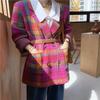 RUGOD модный ярко-розовый зеленый клетчатый вязаный костюм корейский элегантный воротник с зубчатым поясом винтажная куртка осень-зима женские костюмы