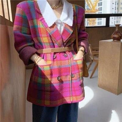 RUGOD модный ярко-розовый зеленый клетчатый вязаный костюм корейский элегантный воротник с зубчатым поясом винтажная куртка осень-зима женские костюмы